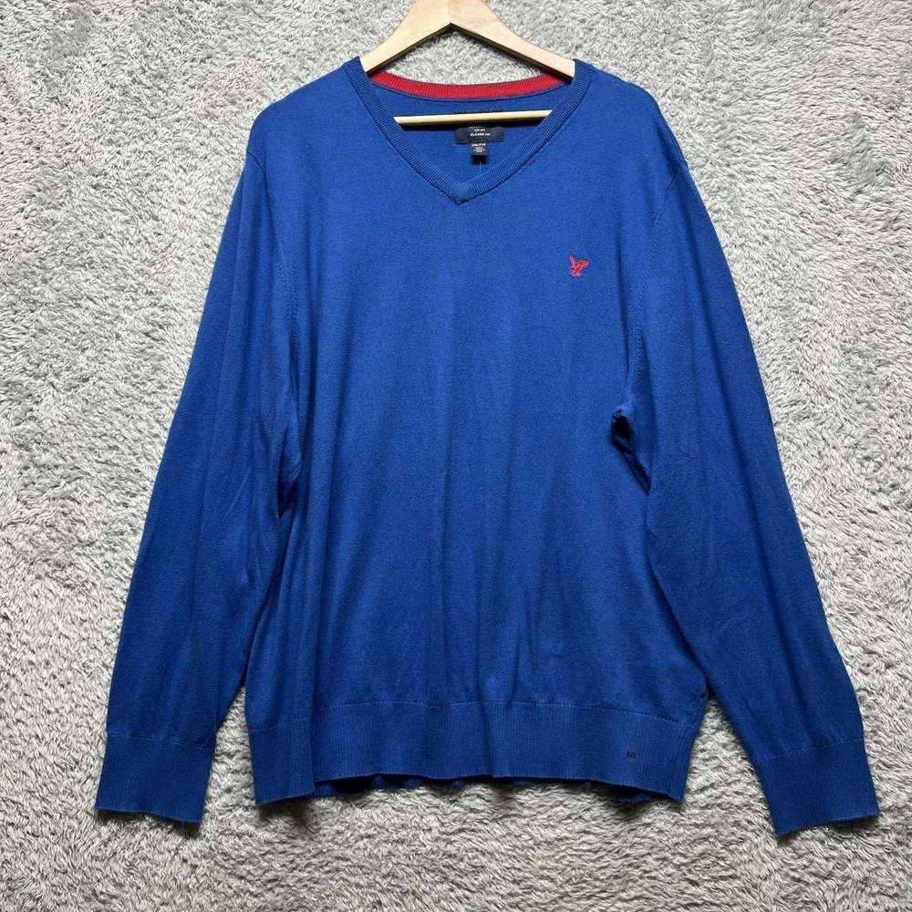 American Eagle Sweater Mens XL Blue V Neck Pullover Long Sleeve Teacher Preppy